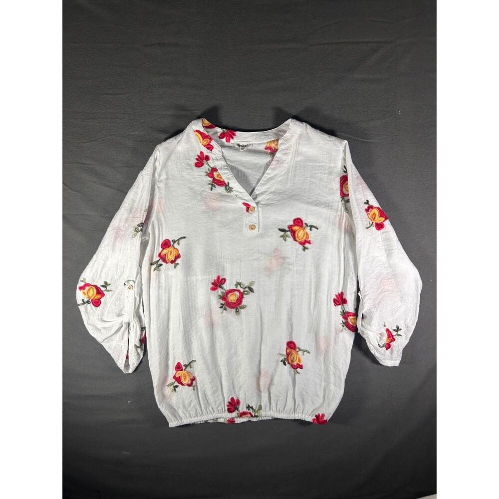 Boho Cottagecore Floral Embroidered Kindred by Anthropologie Roll Tab Top M